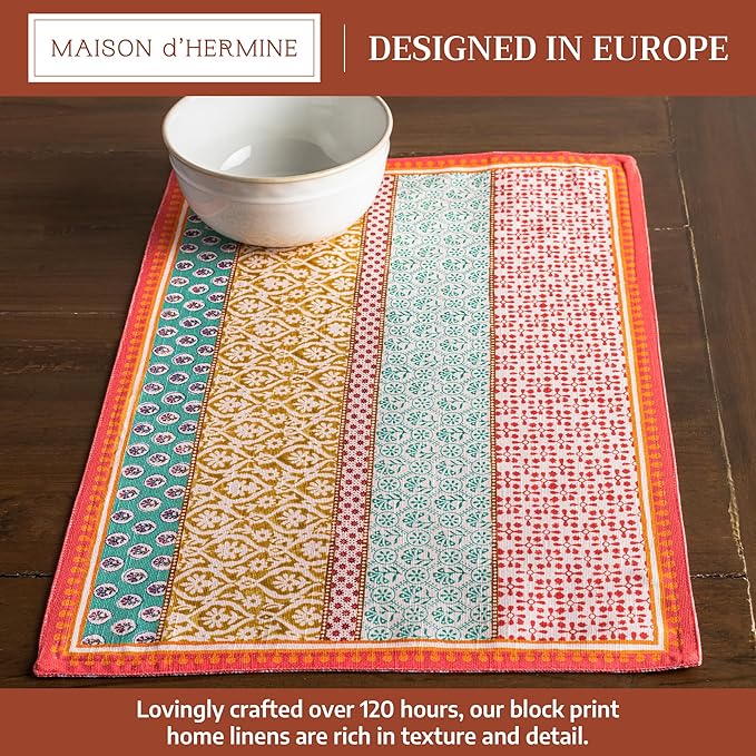 Maison d' Hermine Placemats Set of 4 100% Cotton Washable Cloth Place Mats Reusable Table Mats for Kitchen Dining Party Wedding Gifts for Mothers Day Spring/Summer (Provence, 13" x 19")