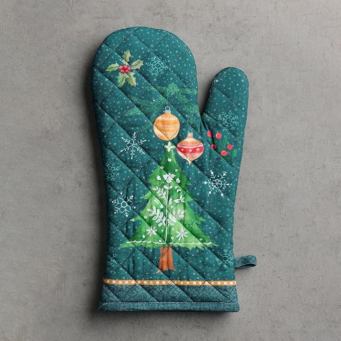 Maison d' Hermine Oven Gloves 100% Cotton Oven Mitt 7" x 13" with Loop Heat Resistant BBQ Cooking Gloves for Thanksgiving Christmas Decorations Baking Handling Hot Pans (Pack of 1, Hygge Christmas)
