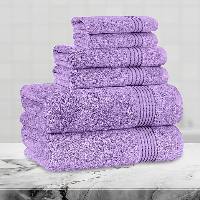 Mocassi Luxury 100% Turkish Cotton 6-Piece Towel Set - Ultra Soft, Quick Dry Highly Absorbent Premium Spa Hotel Quality Bath Towels, Includes 2 Bath Towels, 2 Hand Towels and 2 Washcloths, Lilac