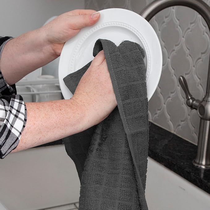 Ritz Premium Kitchen Towel and Dish Cloth Value Set: Highly Absorbent, Super Soft, Long-Lasting, 100% Cotton Checked and Solid Hand Towels, Tea Towels, Bar Towels - 6 Pack, Graphite