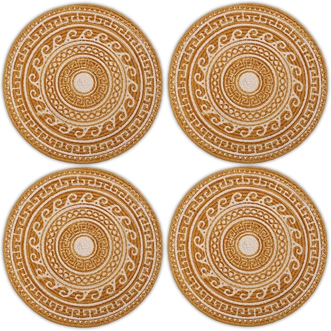 Encasa XO Dining Placemats Set of 4 | Cotton Round Table Mat - 13 in Diameter | Mustard Mandala Print | Handmade Rib Style Chargers for Dinner Plates