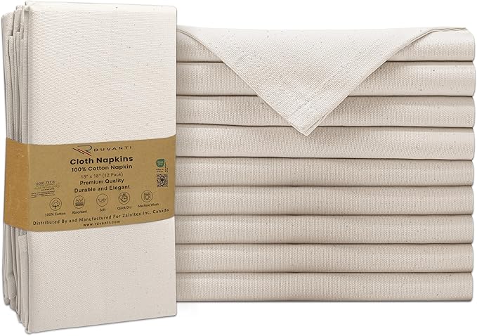 Ruvanti Cloth Napkins Set of 12, 100% Cotton High GSM 18x18 Inches Soft, Washable, Highly Durable & Absorbent, Perfect for Parties, Christmas, Thanksgiving Dinners – Natural Color