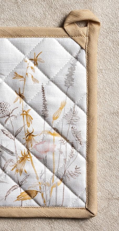 Maison d' Hermine 100% Cotton Oven Mitt & Pot Holder Set (7.5"x13" & 8"x8") Heat Resistant BBQ Cooking Gloves with Loop Baking Kitchen Gifts for Mothers Day Spring/Summer (Meadow Florals - Beige)