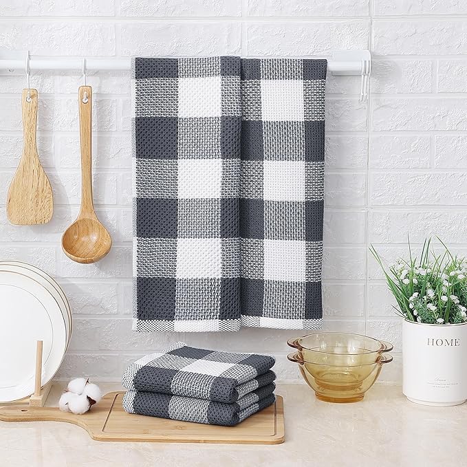 Mordimy 100% Cotton Waffle Weave Kitchen Towels, 13 x 28 Inches, Super Soft and Absorbent Buffalo Check Dish Towels for Drying Dishes, 4-Pack, White & Dark Grey