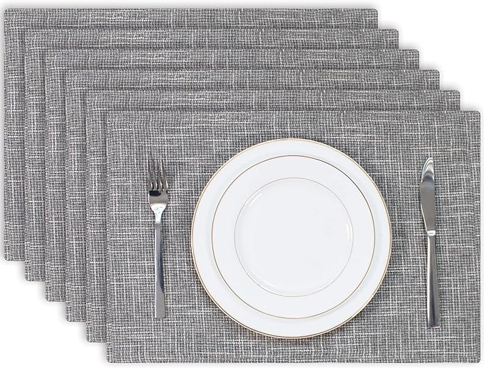 Kevin Textile Burlap Linen Placemats Set of 6 Heat Resistant Dining Table Place Mats Washable Kitchen Table Mats for Dinning Party Holiday Indoor Outdoor, 13 x19 inches, Light Grey