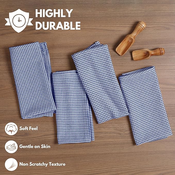 Napkins 100% Cotton Set of 4 Decorative Cloth Napkin Washable Houndstooth Check Dinner Napkins for Holiday, Dinner, Wedding, Baby Shower & Dining - Ink Blue (18”X18”)