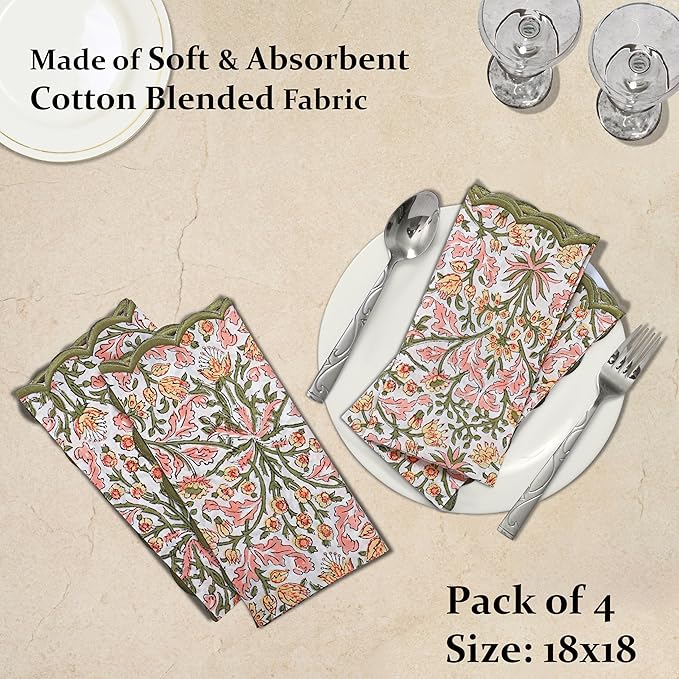Ridhi Hand Block Print Sassy Salmon Pink 18" x 18" (Set of 4) Embroidery Table Napkins Reusable Cotton Dinner Napkins for Weddings, Parties, Everyday Dining Gift for Spring, Easter, Valentine