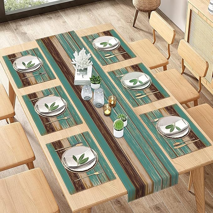 ArtSocket Farmhouse Table Runner and Placemats Set of 6, Blue Teal Green Board Painting Art Dining Decor for Daily Use(1 Table Runner 72 inches Long and 6 Placemats)