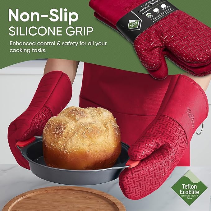 Xlnt Extra Long Oven Mitts (Red) | Teflon EcoElite Water Repellent | Heat Resistant for Oven Cooking, Grill & BBQ | Non Slip Gloves with Teflon EcoElite Finish, Cotton Lining & Hanging Loop
