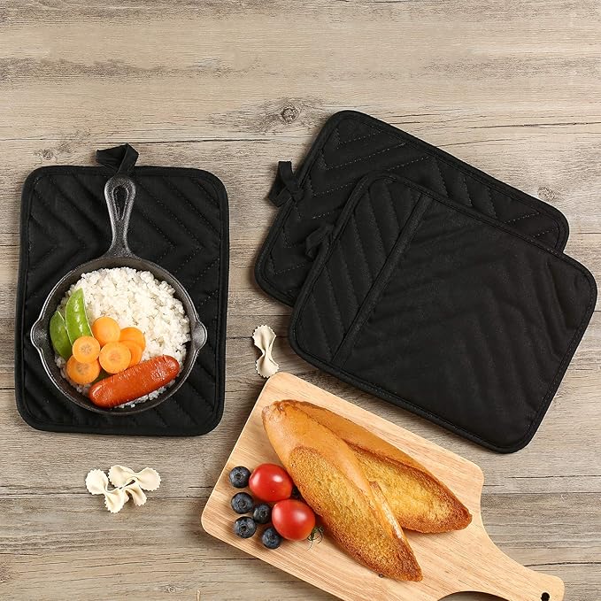 Oven Pot Holder with Pocket Cotton Heat Resistant Coaster Potholder Kitchen Hot Pad Oven Mitts for Cooking Square 7"x9"Set of 5 (Black)