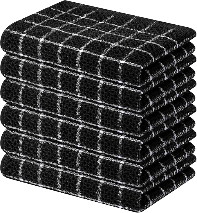 Homaxy 100% Cotton Kitchen Towels 6 Pack-15 X 25 Inches, Check Design Waffle Weave Hand Tea Towels, Super Soft and Absorbent Dish Towel for Drying Dishes, Black&White