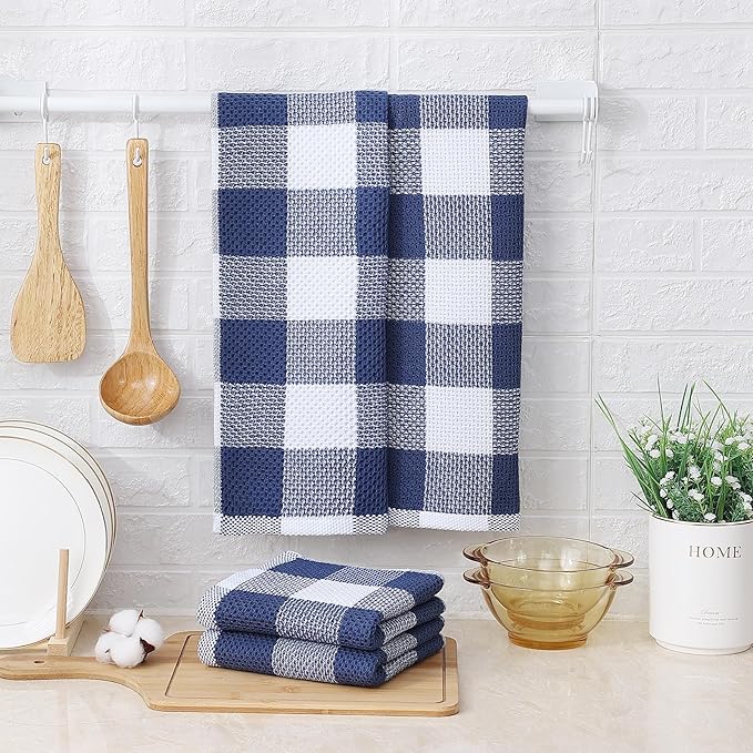 Mordimy 100% Cotton Waffle Weave Kitchen Towels, 13 x 28 Inches, Super Soft and Absorbent Buffalo Check Dish Towels for Drying Dishes, 4-Pack, White & Navy Blue