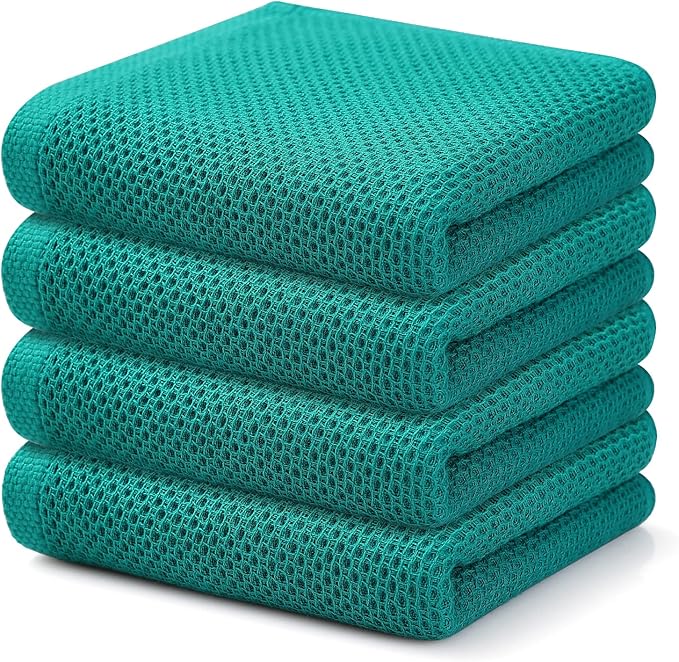 Kitinjoy 100% Cotton Waffle Weave Kitchen Hand Towels (13 x 28 Inches, Teal), 4-Pack Super Soft and Absorbent Dish Towels for Drying Dishes