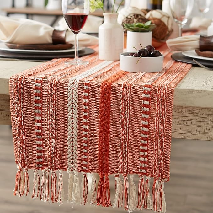 DII Farmhouse Braided Stripe Table Runner Collection, 15x72 (15x77, Fringe Included), Vintage Red