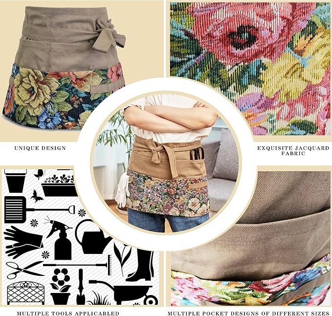 Garden Apron for Woman, Serve Apron Cute, Flora Half Apron with 8 Pockets, Valentines Gift for Mom Wife Girlfriend