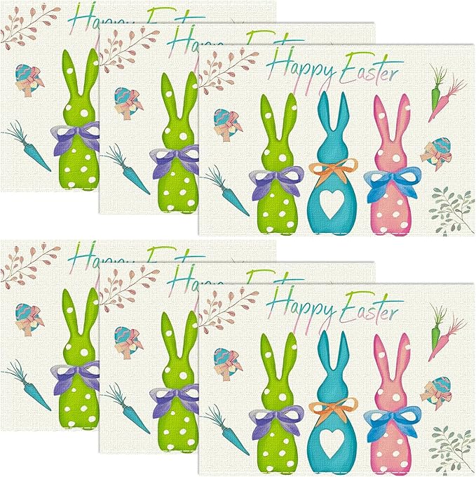 Niviy Green Blue Pink Rabbit Bunny Easter Placemats Set of 6, 12x18 Inch Spring Jesus Easter Table Mats for Holiday Party Kitchen Dining Room Decoration