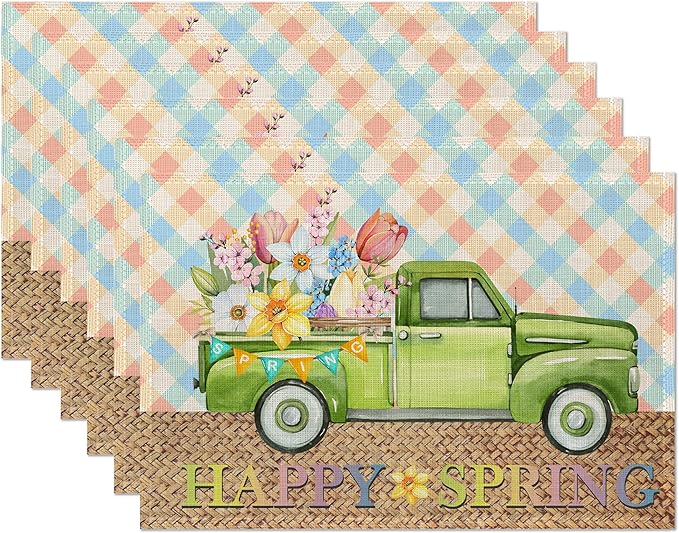 Pink Blue Truck Flowers Placemats,Happy Spring Table Mats Set of 6,12x18 Inch,Waterproof Oil-Proof Washable and Reusable Linen placemats Holiday Party Kitchen Table Decorations