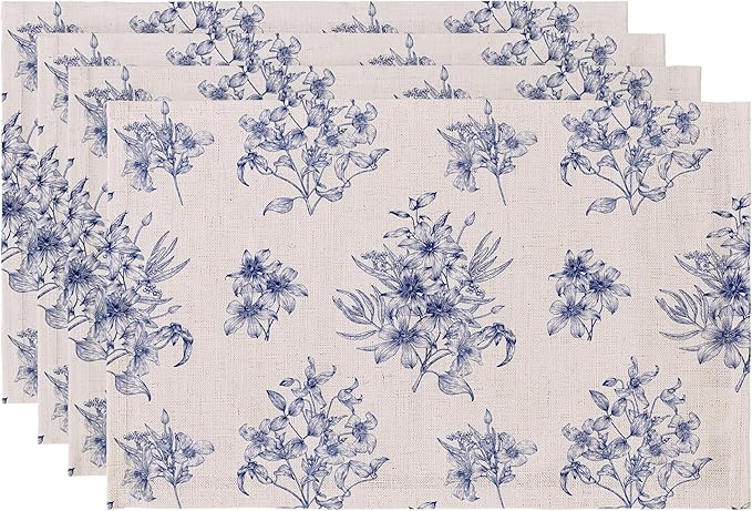LilyCat Linen Fabric Blue Floral Placemats, Waterproof Durable Boho Dining Table Mats for Kitchen, Rustic Vintage Washable Place Mats Set of 4, 18’’× 12’’