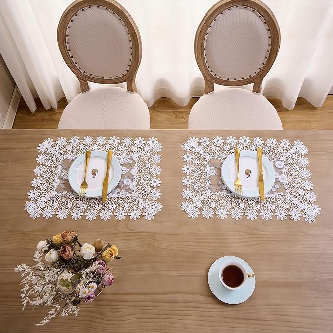 White Floral Grey Silver Leaves Lace Placemats 14”x20” Set of 2, Table Topper Dresser Scarf Place Mats (Set of 2, White & Grey)