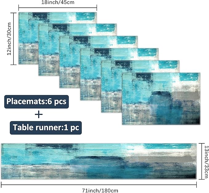 Teal and Gray Table Runner and Placemats Set of 6 Farmhouse Washable Linen Place Mats Rustic Abstract Art Table Decor for Kitchen Dining Coffee Outdoor Party(Teal and Gray, 13"x71"+12"x18")