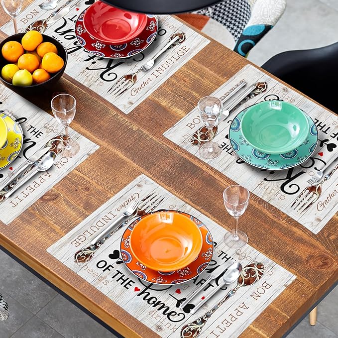 Giwawa The Kitchen is The Heart of The Home Placemats Set of 4, Farmhouse Vintage Style Cooking Sets Linen Washable Table Place Mats 12x18 Inch for Kitchen Dining Party Indoor Outdoor Decor