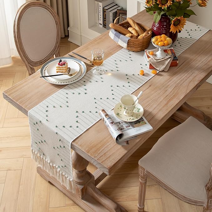 Boho Table Runner 13 x 72 Inch Long Natural Cotton Woven Runner with Tassels for Home Dining Table décor, for Modern Farmhouse Decor Coffee Table Runner, Green and Beige