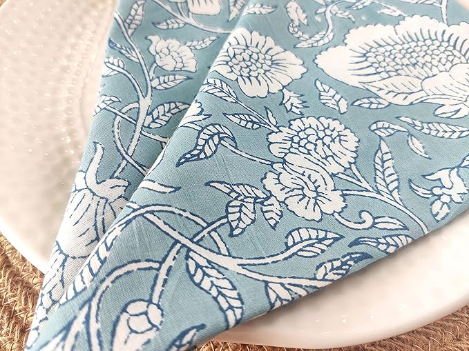 Soft Cotton Napkins 18x18 inches - Washable Thin Cloth Dinner Napkins Set of 6 - Everyday Use or Dinner Party and Events - Greyish Blue Floral Lightweight Indian Block Print Soft Fabric by Craftbot