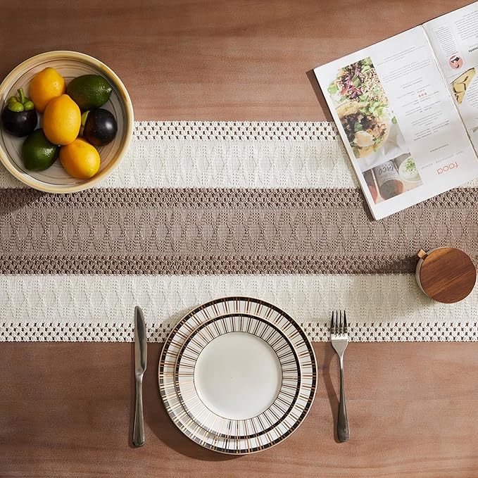 ZeeMart Macrame Style Bicolor Stitching Table Runner, 14 x 90 Inch Cocoa Brown/Ivory, Boho Brown Table Runners 90 Inches Long, Farmhouse Woven Home Decor