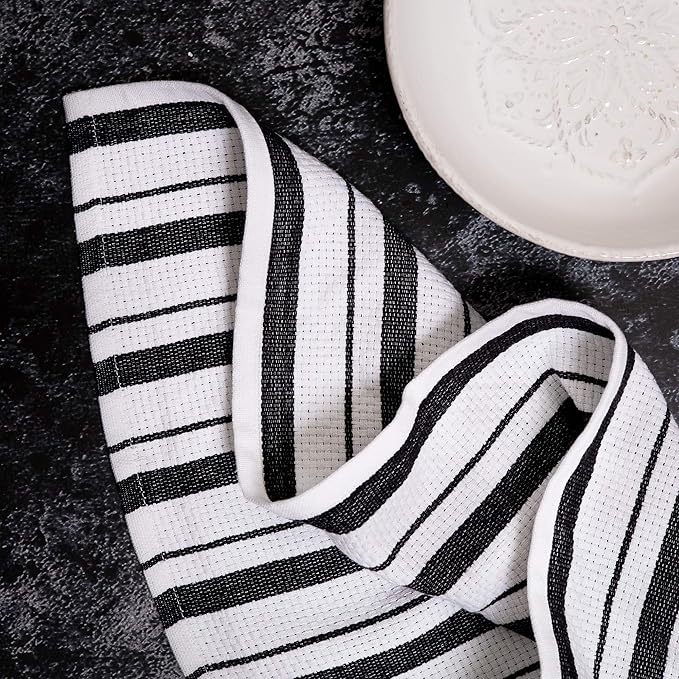 COTTON CRAFT Oversized Kitchen Towels - 4 Pack 100% Cotton Basketweave Tea Dish Towels - Absorbent Reusable Low Lint Quick Dry - Cooking Drying Restaurant Bar Cleaning Cloth Napkin -20x30 Black Stripe