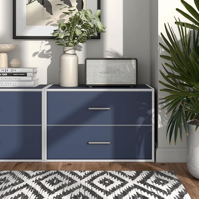 Homes: Inside + Out Apexa 2-Drawer Wooden Stackable Storage Drawers, Small Food Pantry Cabinet, Cajonera De Madera, Underbed Drawer Dorm Teen Room Decor & Bedroom, Home Office, Kitchen, Steel Blue