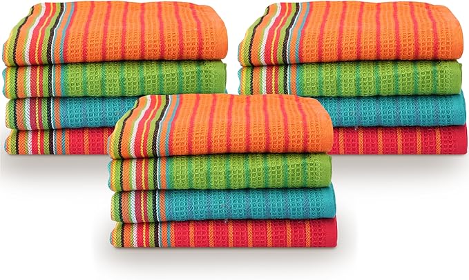 TEXAS LINEN CO. Kitchen Dish Towels, 100% Cotton Salsa Towels, Set of 12 (16x28 Inches), Multi Purpose Cooking Drying Restaurant Bar Cleaning Cloth Napkin, Highly Absorbent, Lint Free, Multi-Color