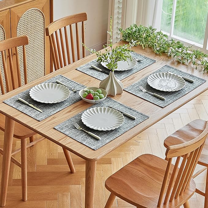 Softalker Faux Linen Placemats Set of 4-12 x 18 Inch, Heat Resistant Double Layered Durable Burlap Farmhouse Place Mats, Non-Slip Washable Rustic Table Mats for Dining, Kitchen, Party（Ash Grey