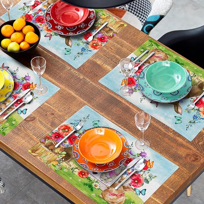 Easter Rabbit Floral Place Mats - Bunny Placemats Set Spring Flowers Colth Table Mats for Home Kitchen 12x18 in