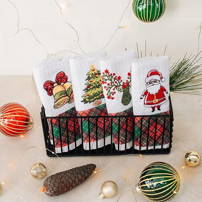 Lavien Home Christmas Kitchen Towels Embroidered, Cotton Dishcloths Decoration for Xmas with Plaid (Set of 4), Waffle Weave Cute Tree, Santa, Bell, Deer, 16 x 23 inches
