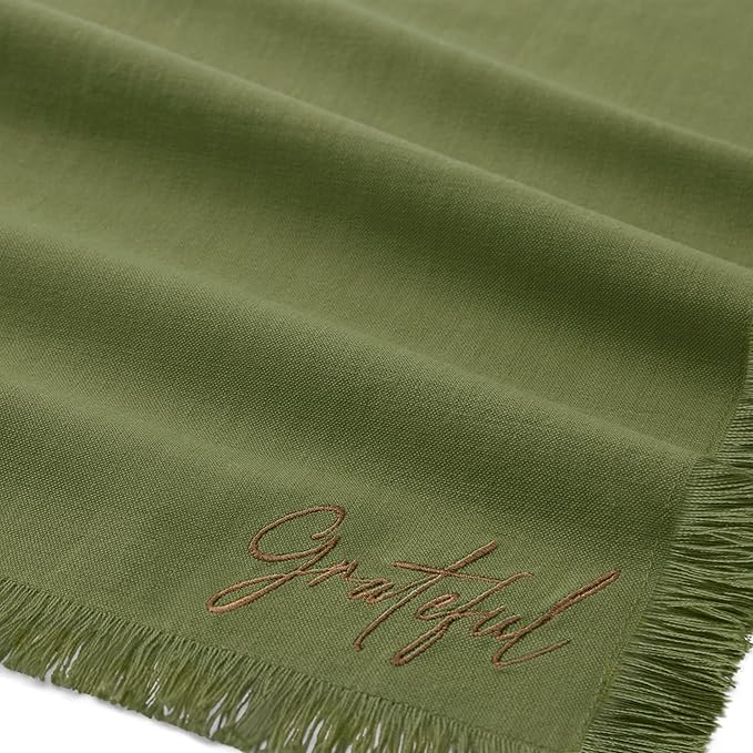Elrene Home Fashions Fringed Harvest Sentiment Cotton Napkins, Set of 4, 17"x17", Olive