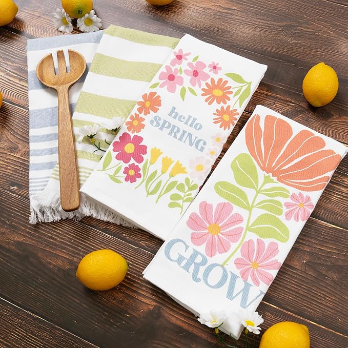 Ritz 100% Cotton Kitchen Towels, Hello Spring Floral – 16"x26" – Absorbent Dish Towels for Drying & Cleaning – Soft & Durable (Set of 4)