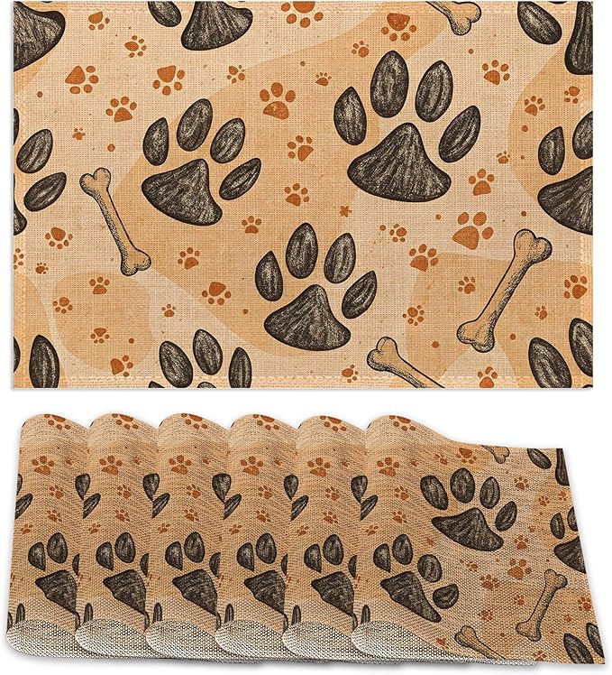 Dog Paws Placemats Set of 6,Bones Table Mates Non-Slip Heat Resistant Washable Linen Place Mats for Party Kitchen Dining Decoration Indoor Outdoor 12"x18"
