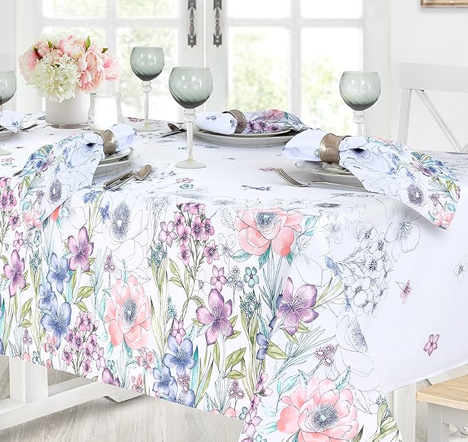 Newbridge Garden Breeze Rectangle Fabric Tablecloth, 52 x 70 Inch, Easy Care and Stain Resistant Fabric Table Cloth for Holiday Party Dining, Sweet Pastel Floral