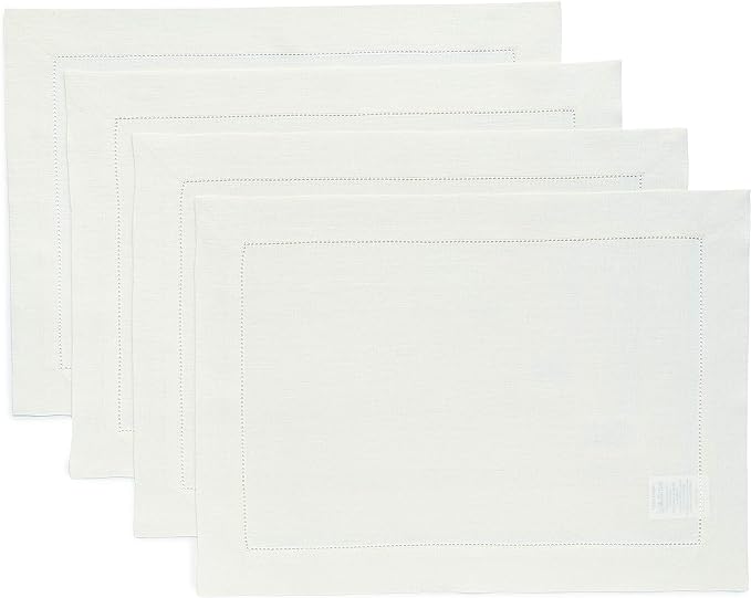 Solino Home Linen Placemats Set of 4 - Classic Hemstitch Ivory Placemats 14 x 19 Inch - 100% Pure Linen Table Mats for Spring, Summer, Mothers Day