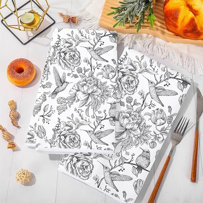 Flower Bird Kitchen Towel White Black Dish Towel 18 x 28 Inch Retro Floral Hand Drying Tea Towel for Cooking Baking Party Supplies, 2Pcs