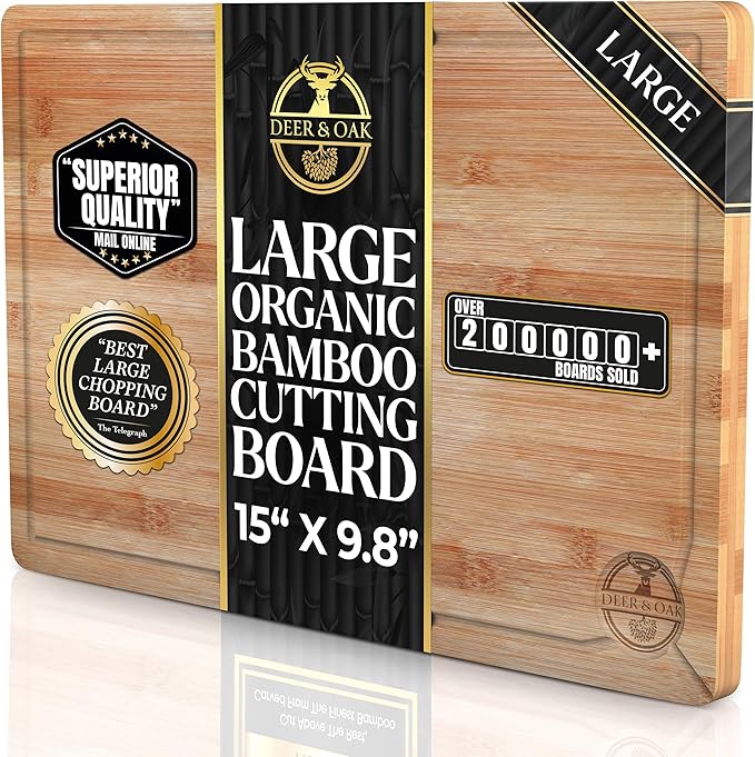 Deer & Oak Large Bamboo Chopping Board 15" x 9.8" x 0.8", Premium Wooden Kitchen Cutting Board for Meat & Vegetables, Pre-Oiled, Water Resistant, Knife-Friendly