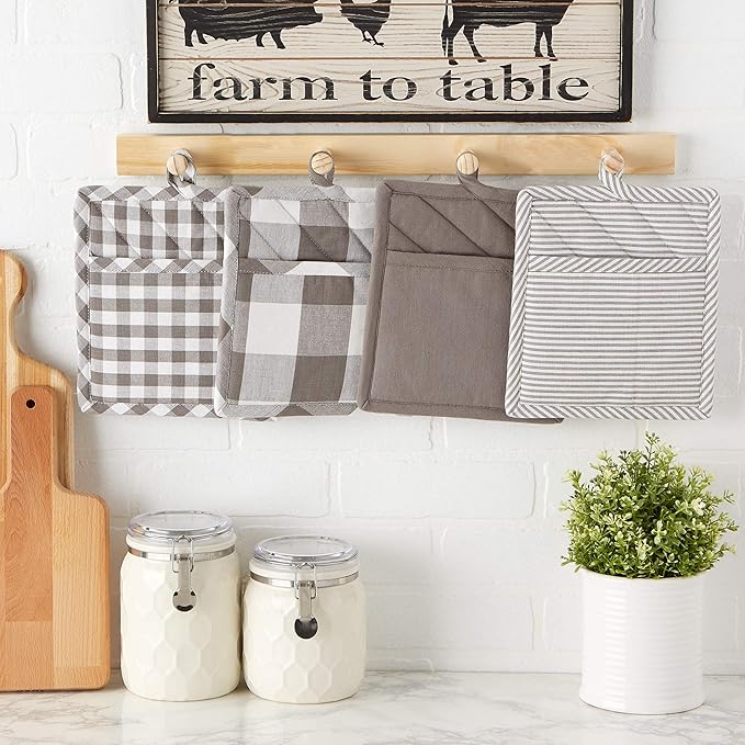 DII Gingham Check Kitchen Collection, Gray, Potholder Set