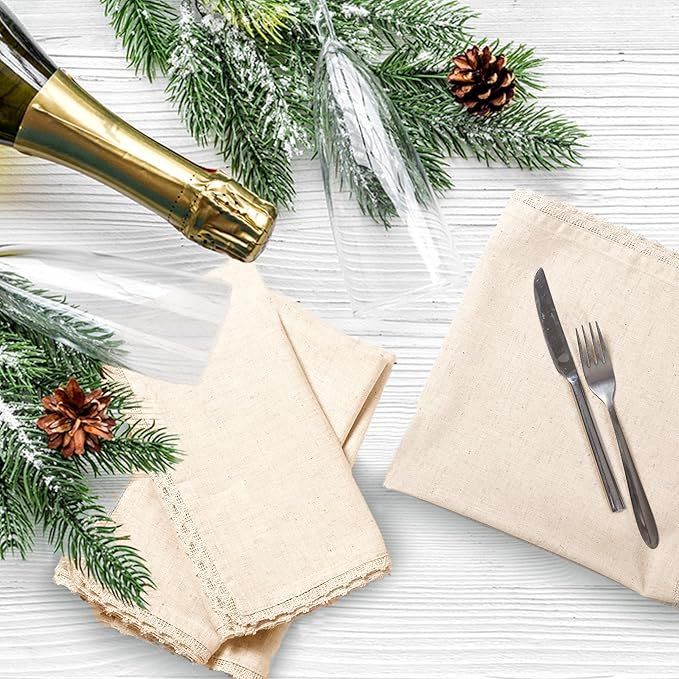 Lightnpro Cloth Dinner Napkins in Cotton Flax Fabric with Lace & Tailored Mitered Corners – 18x18 Inch Set of 12, Wedding, Baby Shower & Cocktail Napkin, Machine Washable Fabric Napkins Natural Color