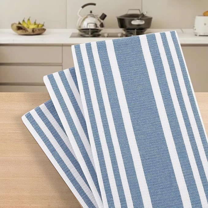 Homaxy Premium Kitchen Towels 18”x 28”, Large Cotton 380 GSM Kitchen Hand Towels, Stripe and Terry Dish Towel, Highly Absorbent Tea Towel Set with Hanging Loop, 6 Pack, Navy Blue