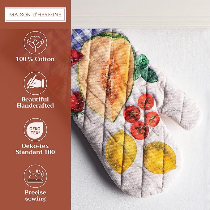 Maison d'Hermine Oven Gloves 100% Cotton Oven Mitt 7" x 13" with Loop Heat Resistant BBQ Cooking Gloves Baking Grilling Gifts for Mothers Day Spring/Summer (Pack of 1, Gourmand)
