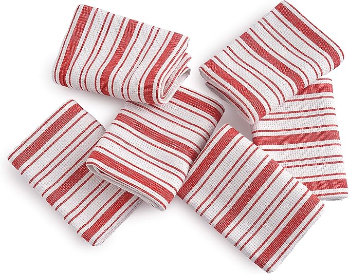 Kitchen Towels Set – Pack of 6 (20’’ x 30’’) Extra Large Premium Cotton Dish Towels for Kitchen – Basket Weave Towels – Absorbent – 100% Cotton – with Hanging Loop – Red