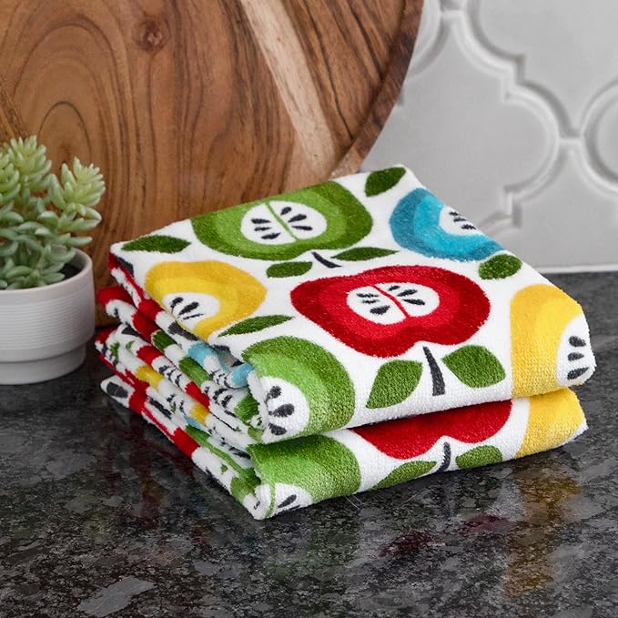 T-Fal Fiber Reactive Print Kitchen Towels: Highly Absorbent, Super Soft - 100% Cotton, 16"x28" Dish Towels for Cleaning & Drying Dishes, Pans, Glassware, or Countertops, 2-Pack, Apples