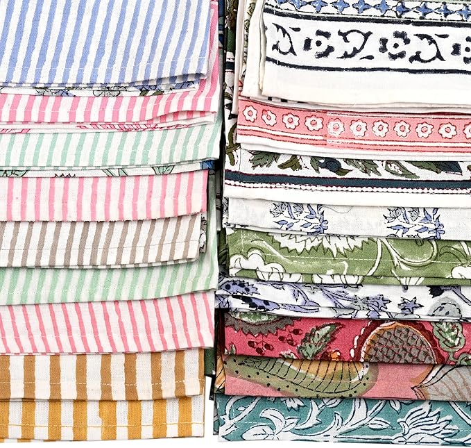 Ridhi Mix Hand Block Print Cotton Kitchen Towel Set of 12-16 x28 Ultra Absorbent Quick Dry 100% Cotton Dish Towels Lightweight Reusable Sustainable Tea Towels for Cleaning and Drying