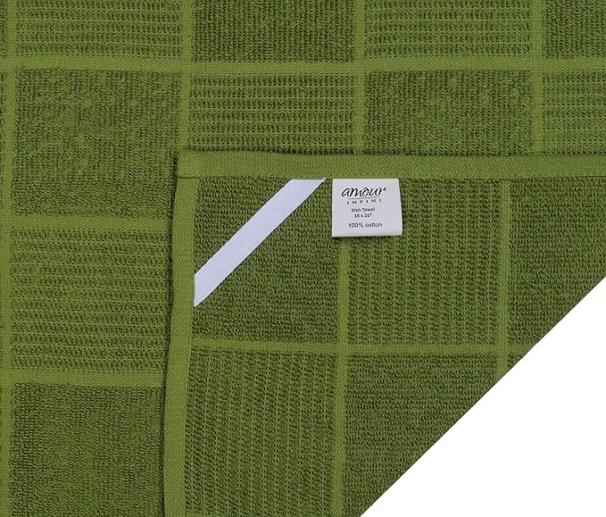 AMOUR INFINI Kitchen Towels Pack of 4, Terry Cotton Dish Towels, Ultra Absorbent, Quick Drying Hand & Tea Towels, Soft Durable Cleaning Cloths with Hanging Loop, 16 x 26 Inch (Green)