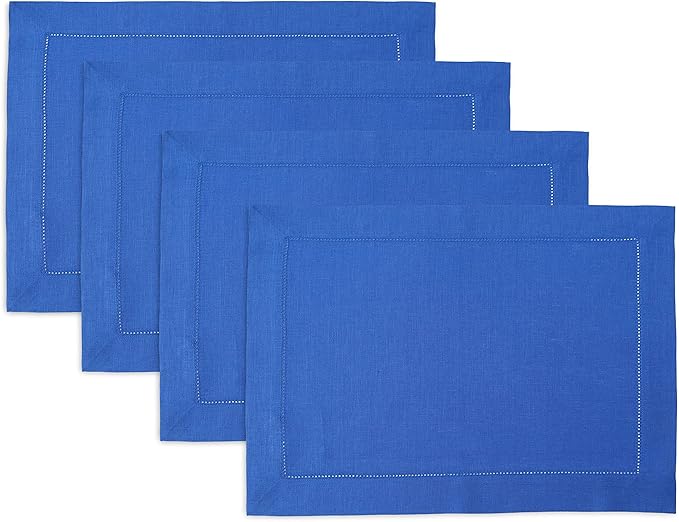 Solino Home Linen Placemats Set of 4 - Classic Hemstitch Royal Blue Placemats 14 x 19 Inch - 100% Pure Linen Table Mats for Spring, Summer